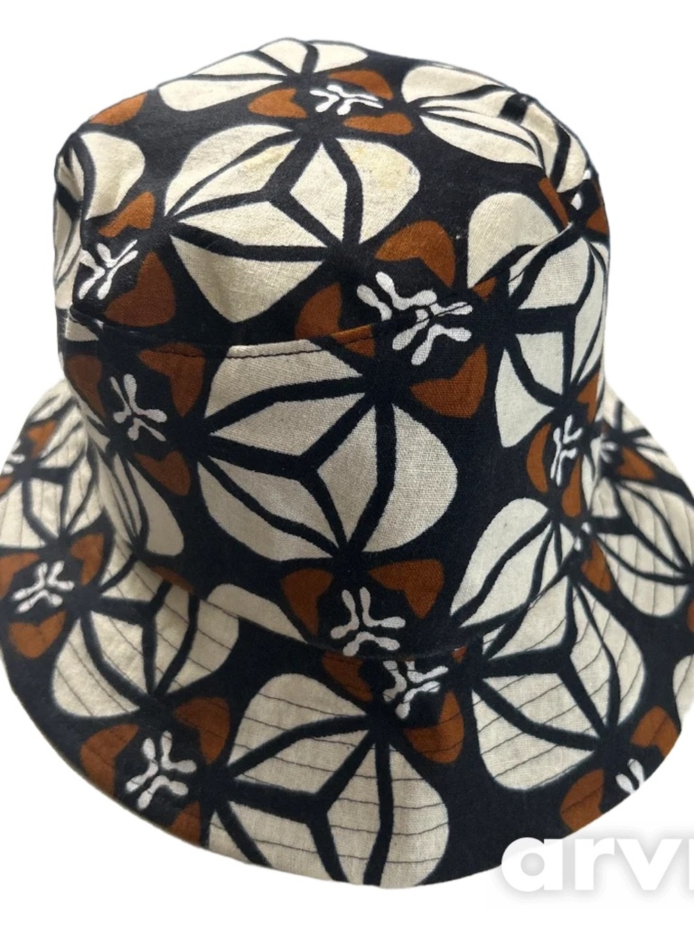 Fahm Djahm Bucket Hat in Black, Cream & Brown batik pattern